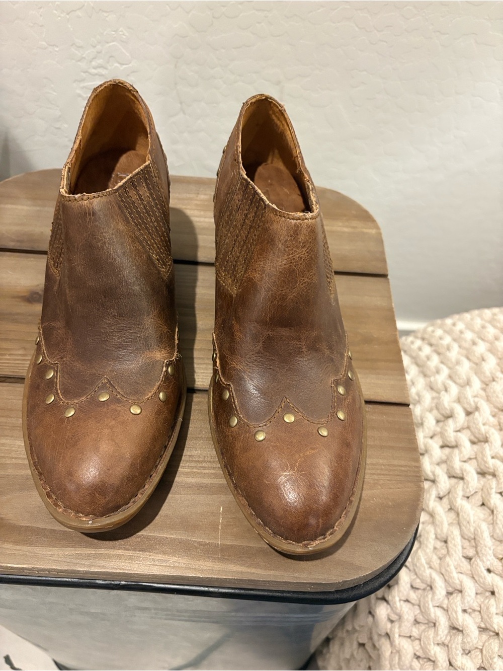 Born Tan Leather Ankle Booties with Brass Stud Accents